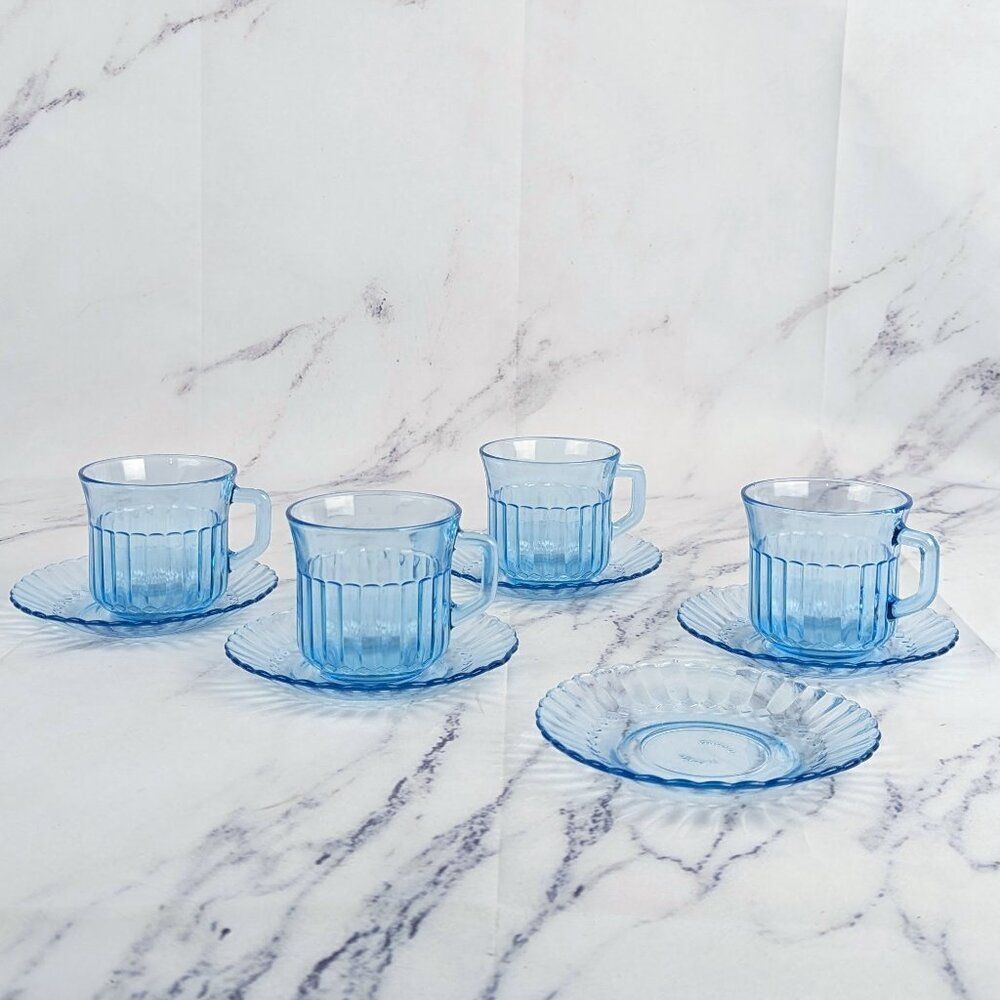 Fortecrisa Mexico Blue Glass Mugs and Saucers Scalloped Vintage Set of 5